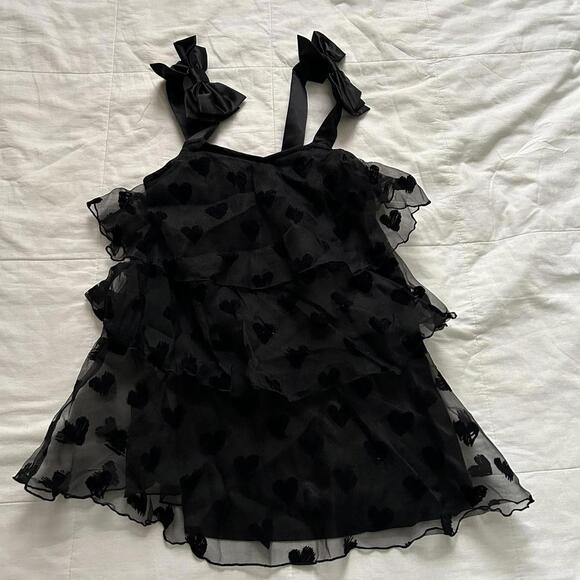 Dresses & Skirts - NWT Black flocked heart tulle tiered ruffle dress with bow strap detail